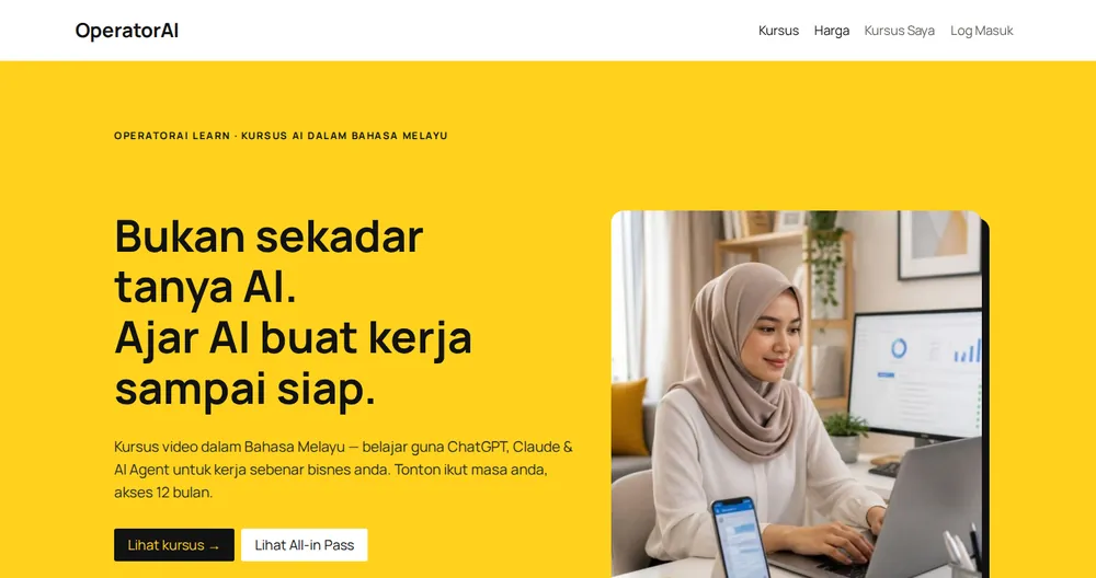 Screenshot of the OperatorAI homepage: AI video courses in Bahasa Melayu